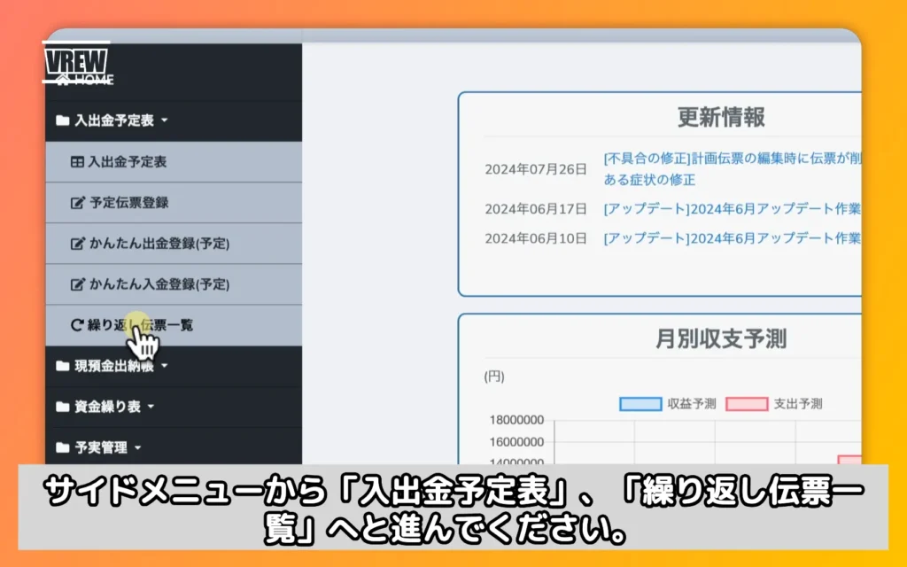 サイドメニューから「入出金予定表」、「繰り返し伝票一覧」へと進んで下さい。