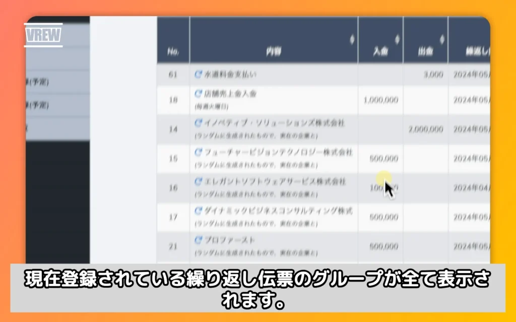 現在登録されている繰り返し伝票のグループが全て表示されます。